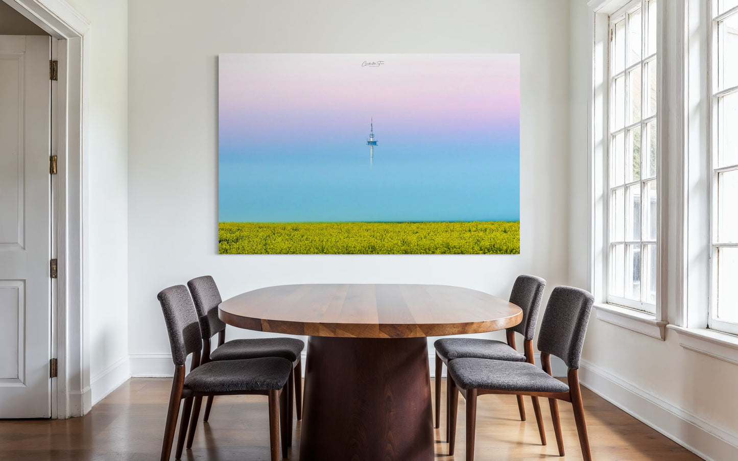 Nebel bei Lübeck, Sonnenaufgang Schleswig-Holstein, Groß Parin, Rapsfeld, Turm im Nebel, Landschaftsfotografie, Fine Art Fotografie, minimalistische Fotografie, Wandbild Natur, Morgenstimmung, Norddeutschland, Constantin Ticu Fotografie.