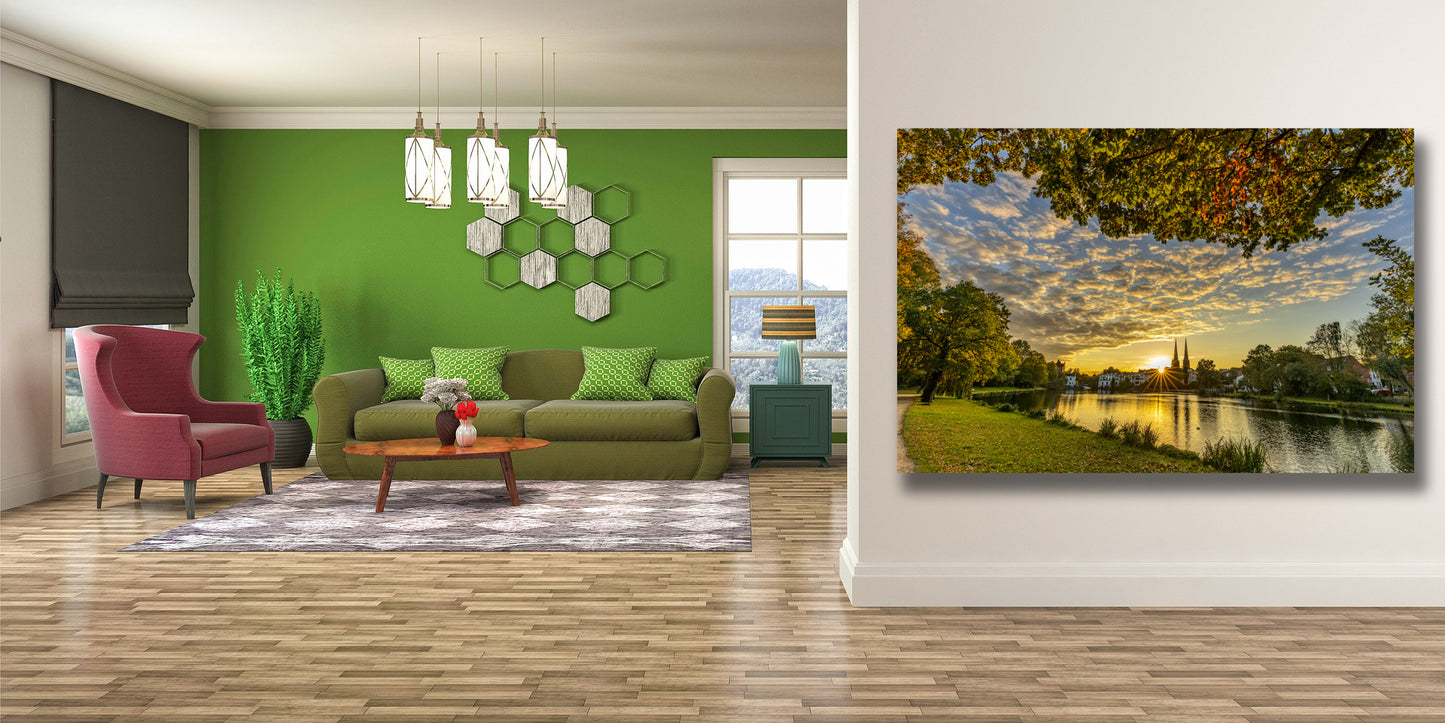 Lübeck -Sonnenuntergang- Marienkirche, Deutschland, Landschaft, Fotografie, Bild, Holz, Bilderrahmen, Fotograf, Schleswig-Holstein