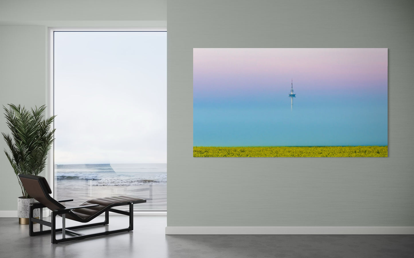 Nebel bei Lübeck, Sonnenaufgang Schleswig-Holstein, Groß Parin, Rapsfeld, Turm im Nebel, Landschaftsfotografie, Fine Art Fotografie, minimalistische Fotografie, Wandbild Natur, Morgenstimmung, Norddeutschland, Constantin Ticu Fotografie.