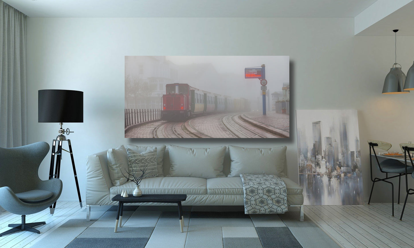 Poster, Foto auf Leinwand, Holz, Acrylglas, Alu-Dibond, Fine Art Foto -Der Zug im Nebel-UNIKAT Foto